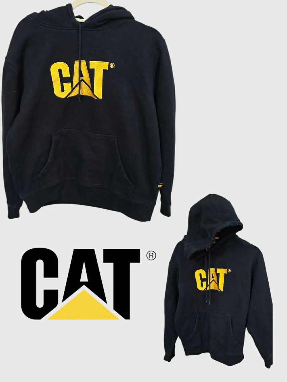 CAT Caterpillar black  Hooded Embroided Logo Sweatshirt Pullover Mens Large